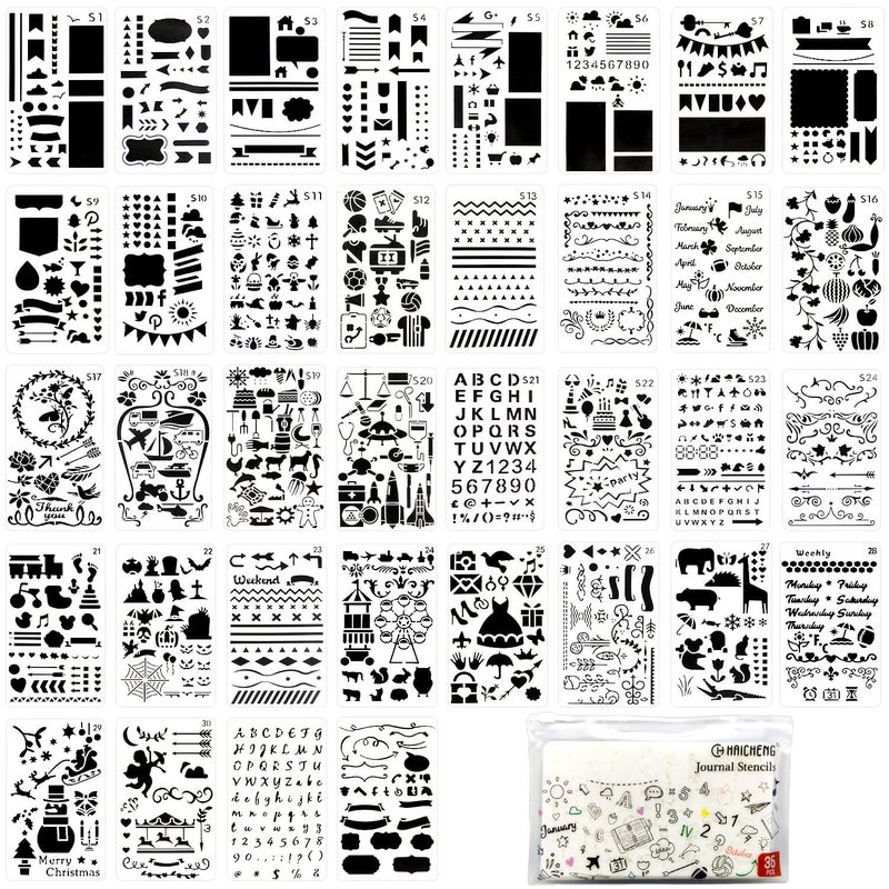 CH HAICHENG 36 PCS Plastic Journal Stencils for Bullet Junk Journal Notebook Diary Drawing Scrapbook Journal Stencil Templates 4x7 Inch - Image 1